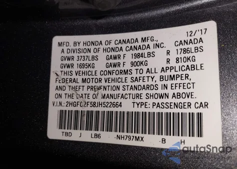 2018 Honda Civic Lx из США, поврежденный, VIN 2HGFC2F58JH522664